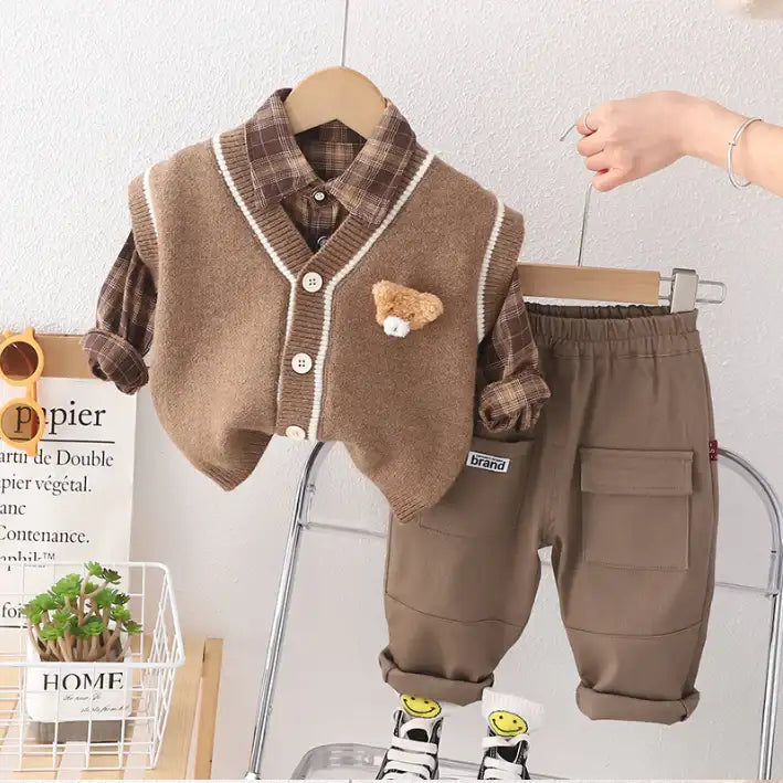 Toddler 3-Piece Plaid Shirt & Bear Vest Outfit β White or Brown (1-5 Years)